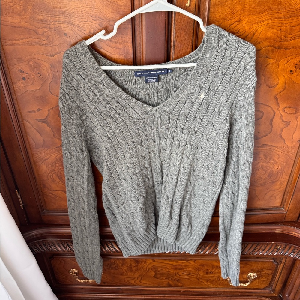 Ralph Lauren Cable Knit V-Neck Sweater - Gray